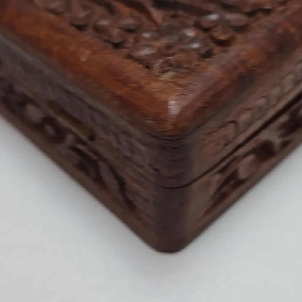 VTG Hand Carved Wooden Floral Trinket Box Blue Velvet Lined Keepsake